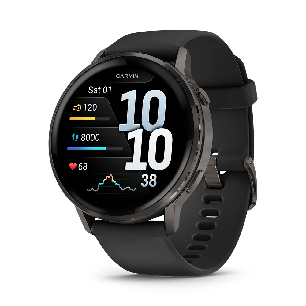 Relógio Garmin preto com mostrador digital de horas e indicadores de atividade.