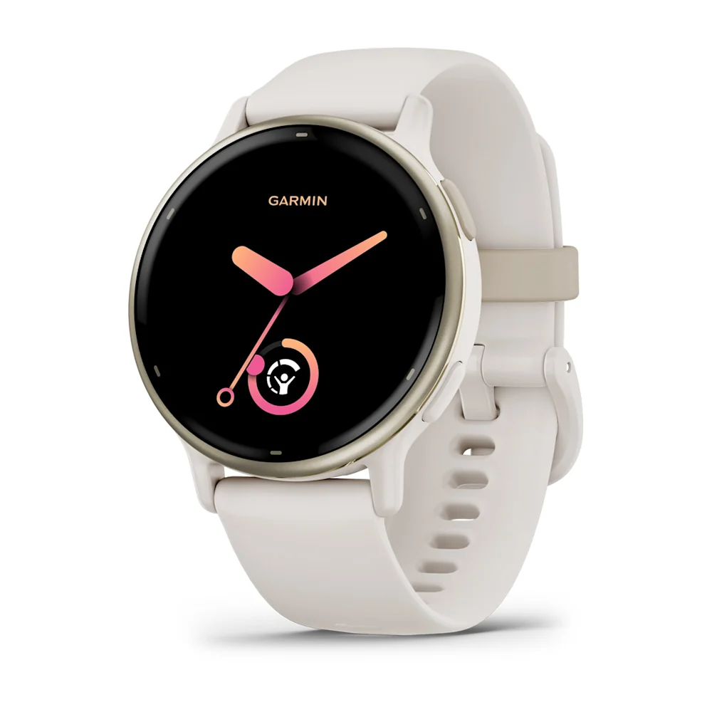 Relógio Garmin com pulseira clara e mostrador de ponteiros em rosa e laranja.