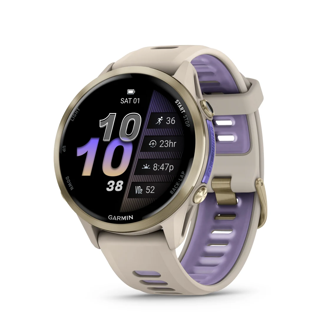 Relógio Garmin bege com aro dourado e interior lilás da pulseira.