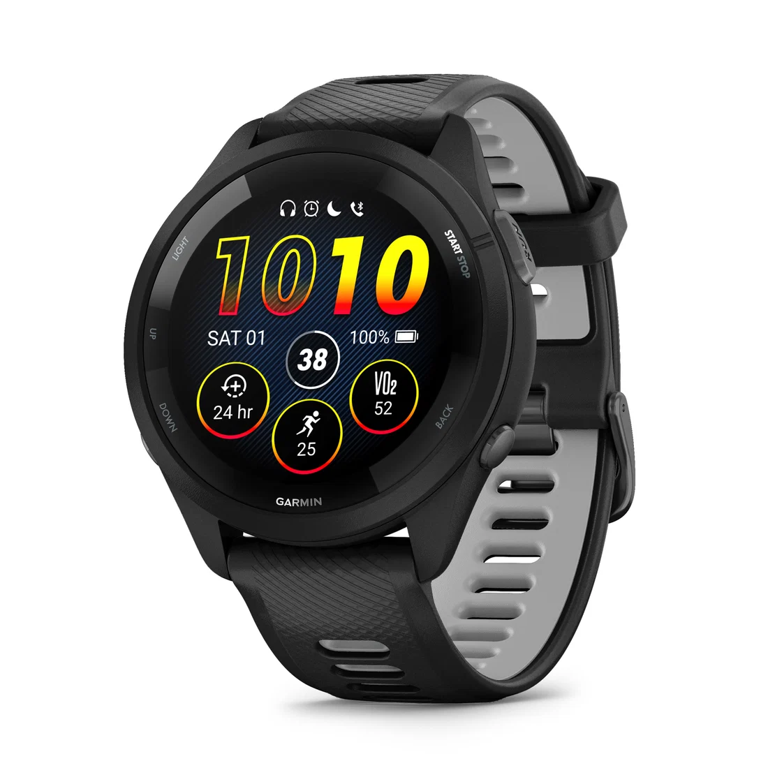 Relógio Garmin preto com interior cinza da pulseira e mostrador colorido.