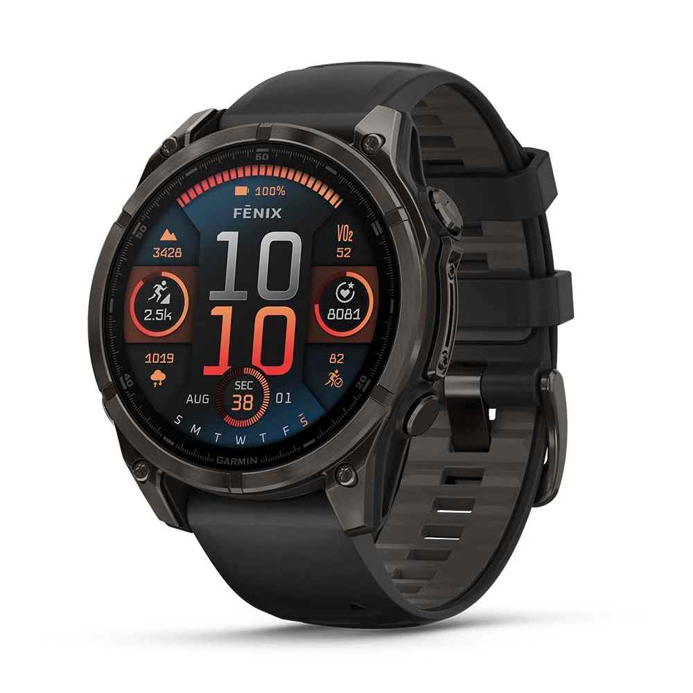 Relógio Garmin Fênix preto com aro robusto e mostrador em tons de laranja.