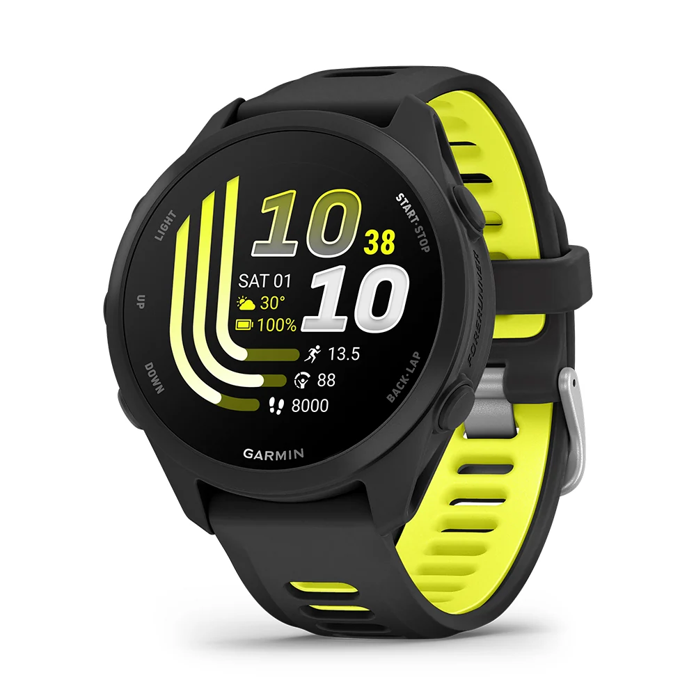 Relógio Garmin preto com detalhes e interior da pulseira em amarelo.