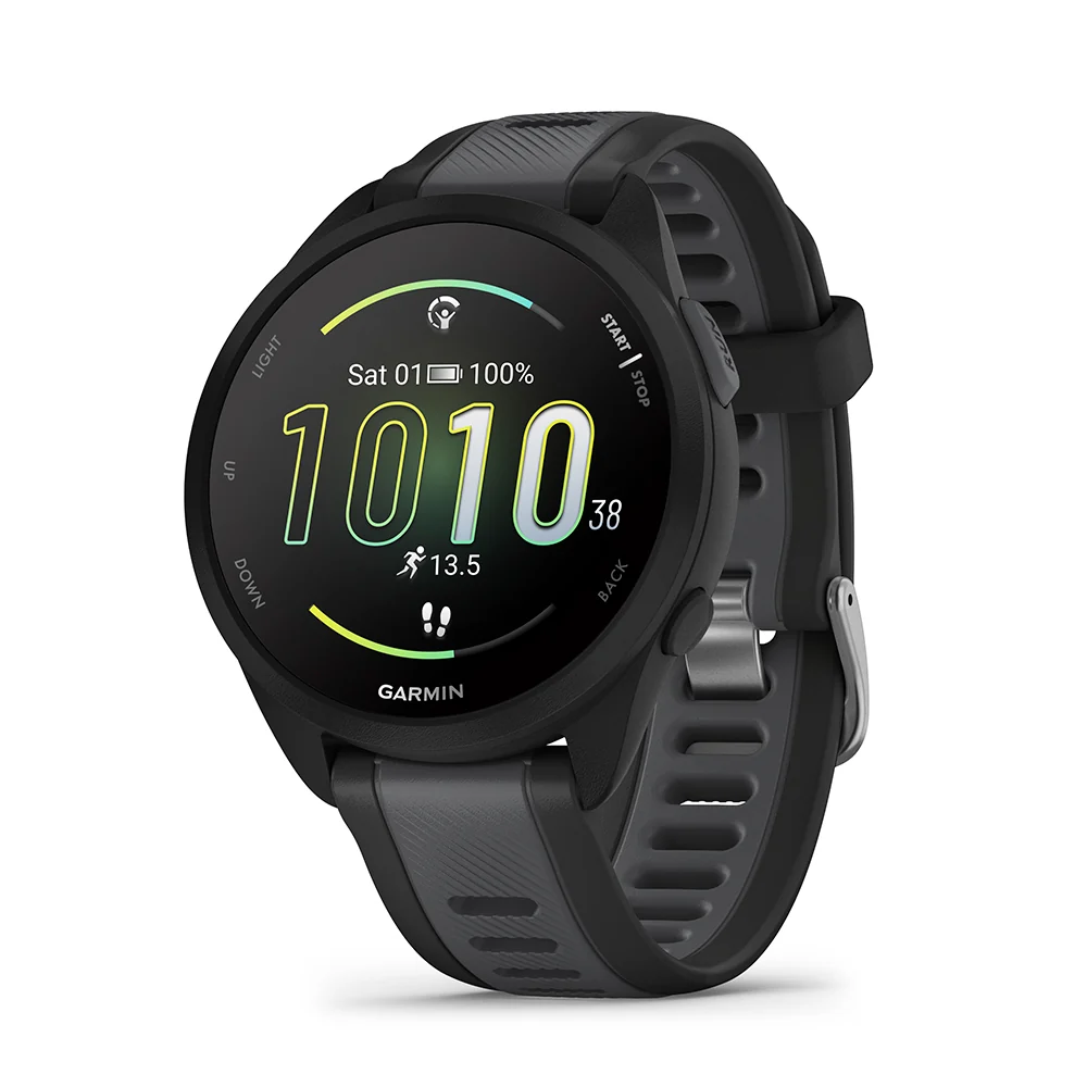 Relógio Garmin com caixa redonda e pulseira preta.