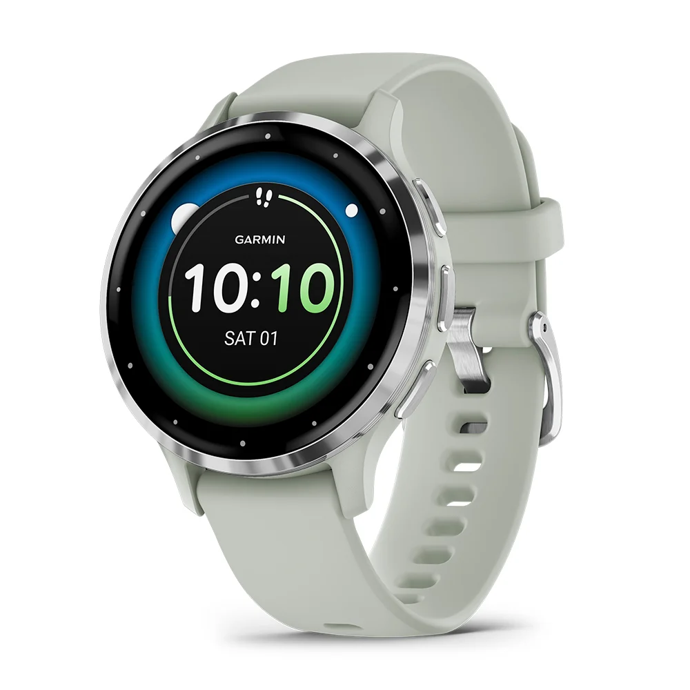 Relógio Garmin com aro prateado e pulseira verde-clara.