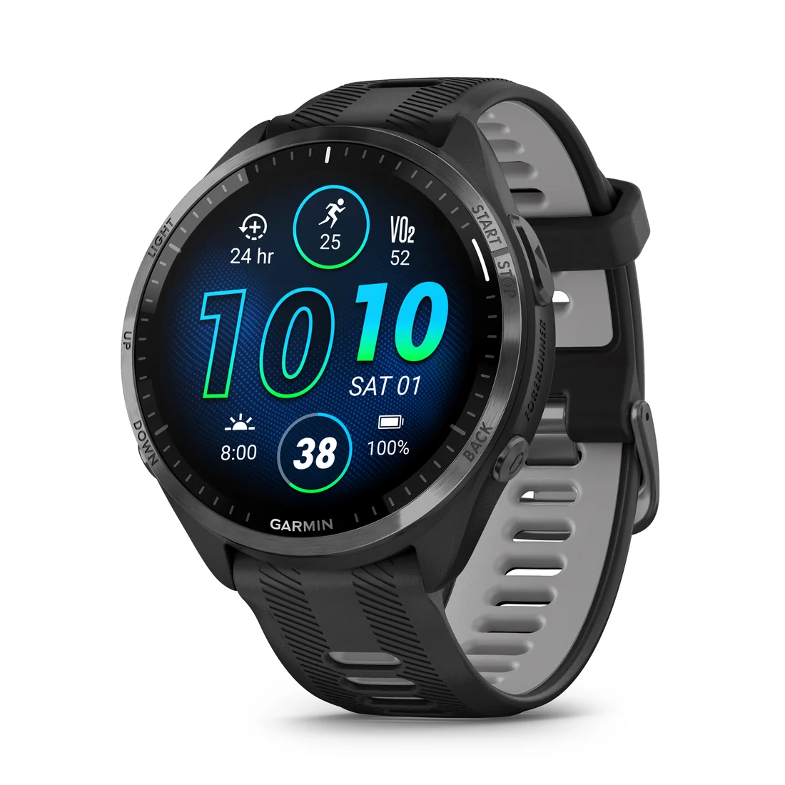 Relógio Garmin preto com aro cinza e mostrador em azul e verde.