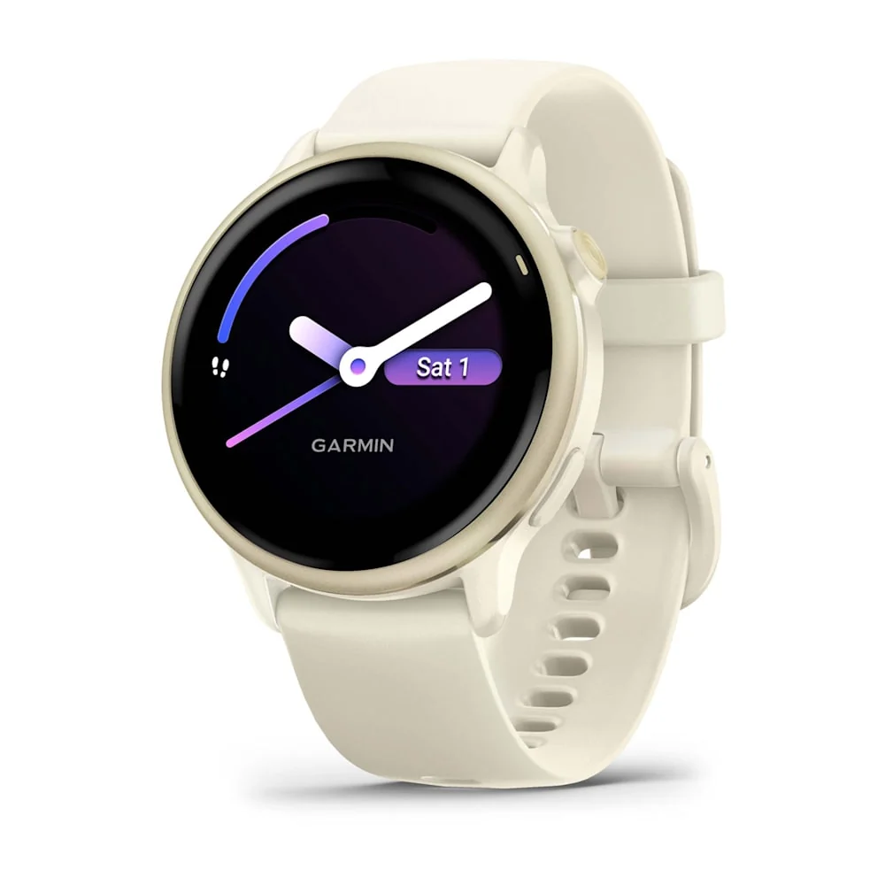 Relógio Garmin com pulseira creme e mostrador de ponteiros em branco e lilás.